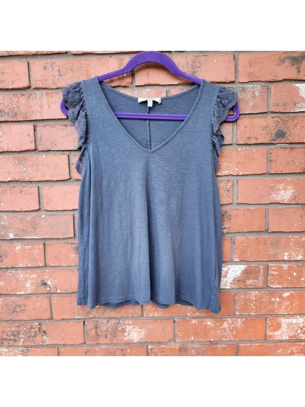 Gray Sleeveless V-Neck Top With Lace Ruffle Shoulders 100% Cotton